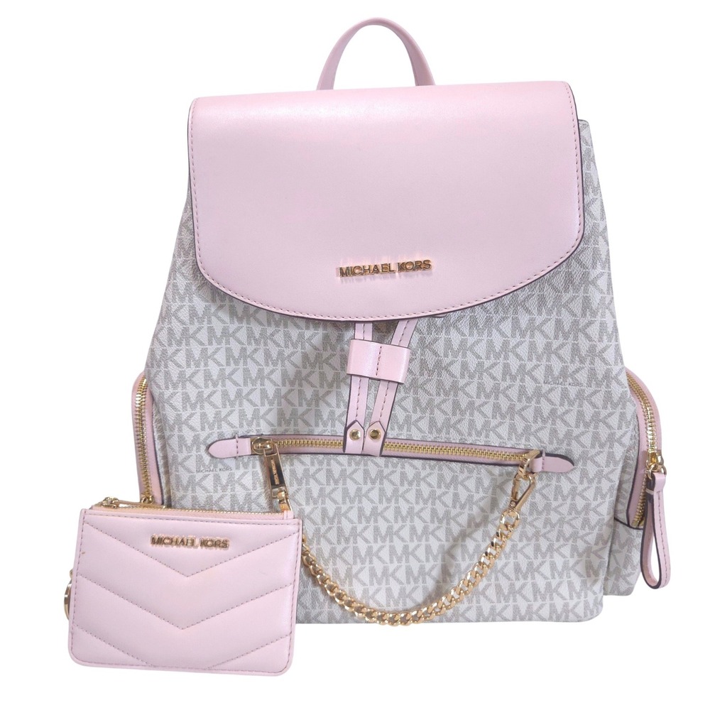Michael Kors Jet Set Backpack Large MK Logo Vanilla Pink w/Card Case Coquette